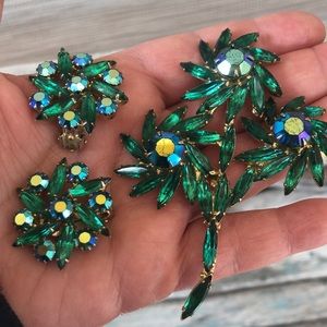 RARE VTG Juliana Delizza & Elster Madeleine Rhinestone Clip Earrings Brooch Set